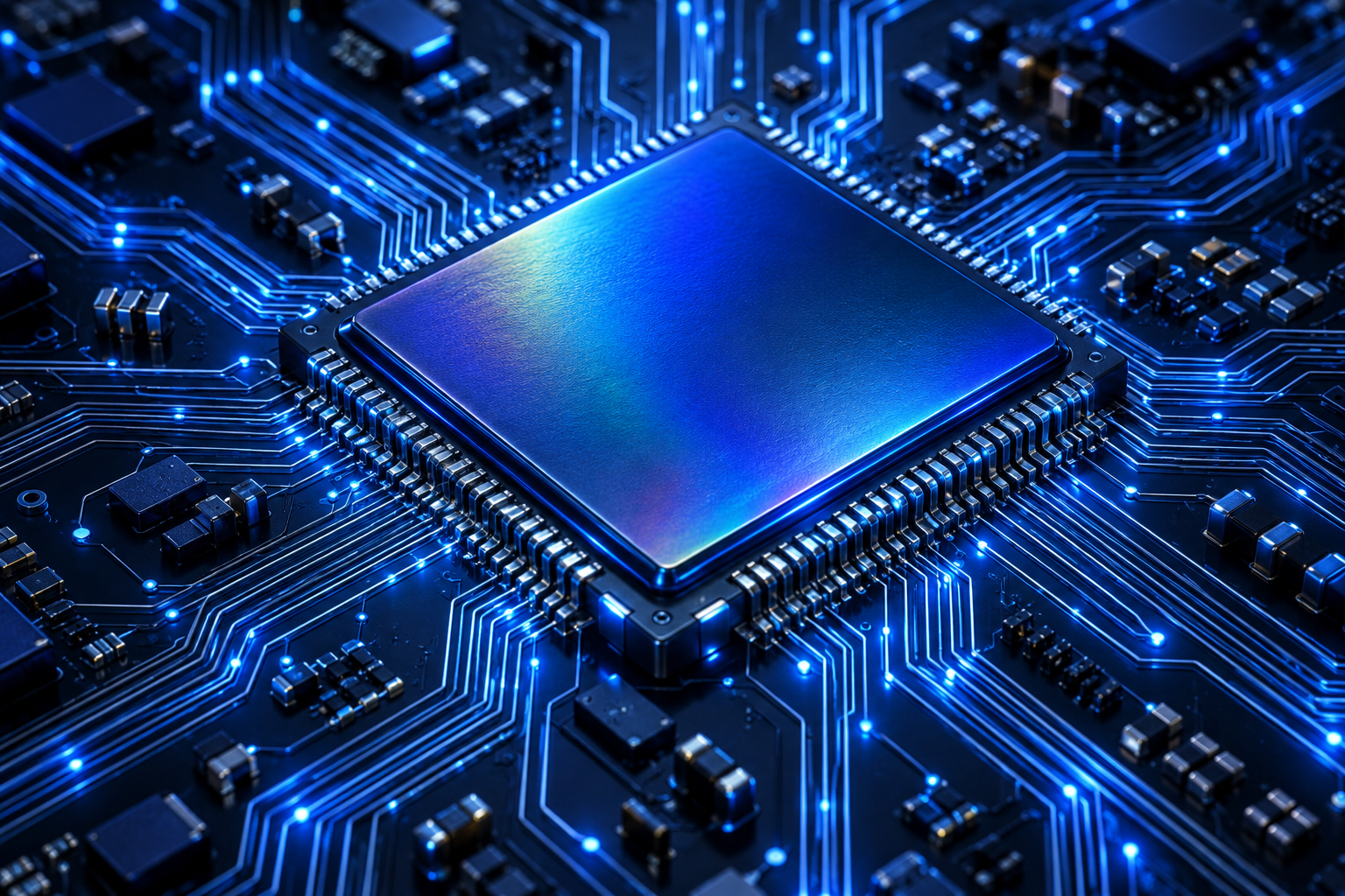 Microchip azul conectado por circuitos luminosos
